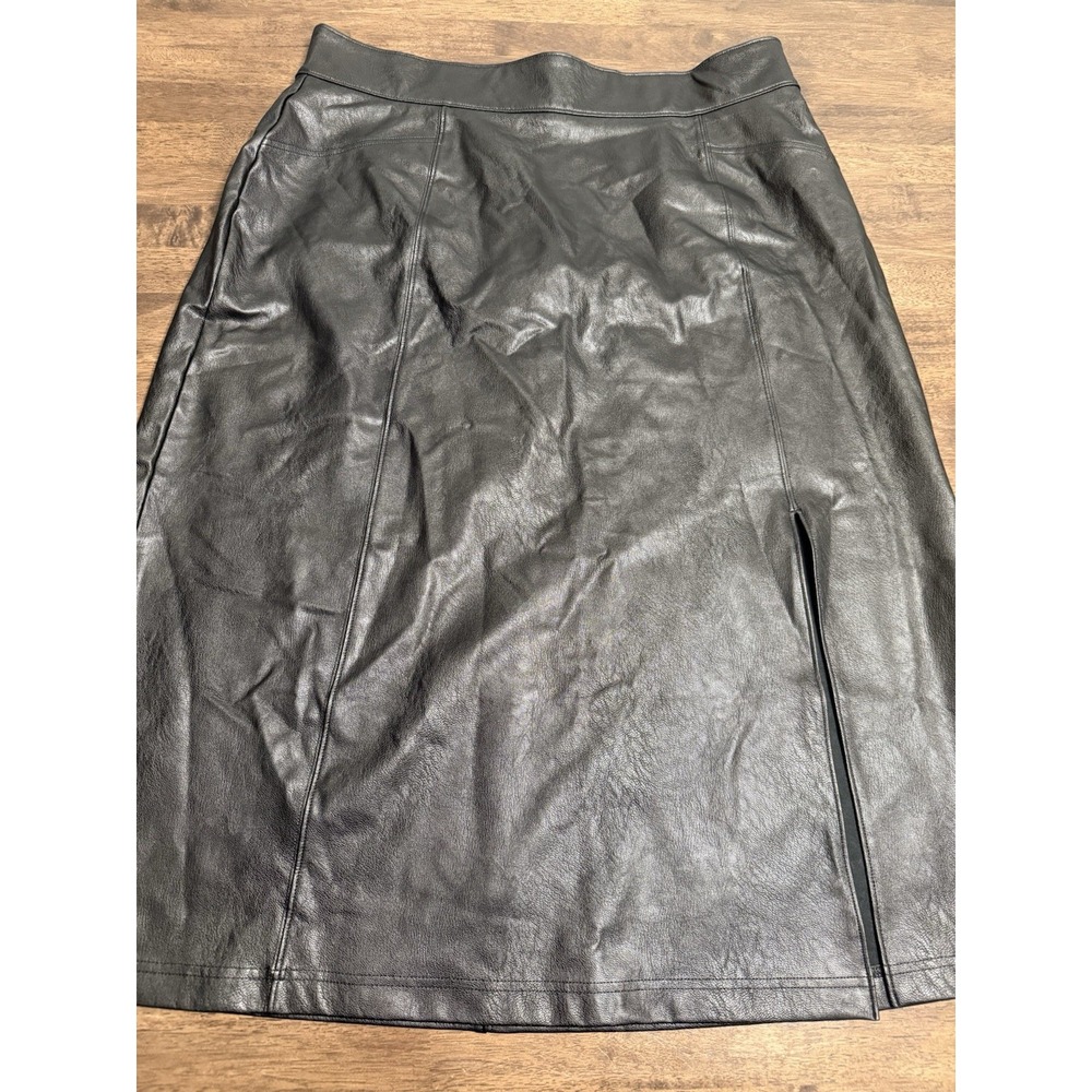 Spanx Faux Leather Pull-On Black Midi Slit Skirt Women's Plus Size 1X Excellent